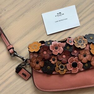 Coach Pink Leather Floral-Appliqué Wristlet